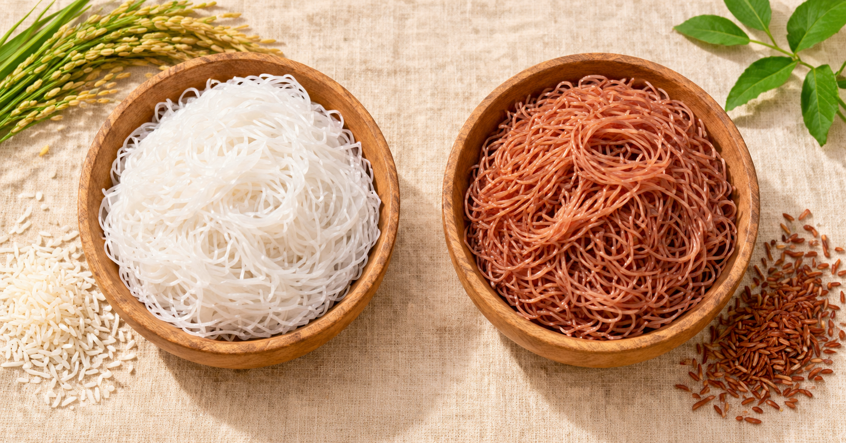 So sánh bún gạo lứt nâu đỏ và bún gạo trắng